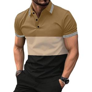 image:imageUOUA Mens Casual Polo Shirts Classic Short Sleeve Striped Collared T Shirt Button Golf Slim Fit Tee Tops Brown XL