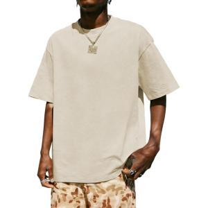 image:imageUOUA Mens Graphic Tees Vintage TShirts Oversized Letter Print Casual Crewneck Cotton Top Short Sleeve Rapper StreetwearPlain Apricot