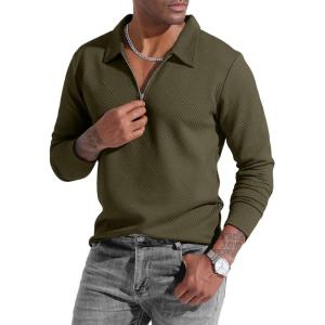 image:imageUOUA Mens Polo Shirt Quarter Zip Tops Soild Casual Geometric Texture Long Sleeve Sweaters Pullover Golf SweatshirtsArmy Green