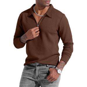 image:imageUOUA Mens Polo Shirt Quarter Zip Tops Soild Casual Geometric Texture Long Sleeve Sweaters Pullover Golf SweatshirtsBrown