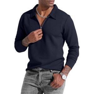 image:imageUOUA Mens Polo Shirt Quarter Zip Tops Soild Casual Geometric Texture Long Sleeve Sweaters Pullover Golf SweatshirtsNavy Blue
