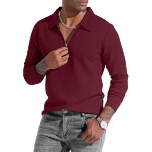 image:imageUOUA Mens Polo Shirt Quarter Zip Tops Soild Casual Geometric Texture Long Sleeve Sweaters Pullover Golf SweatshirtsWine