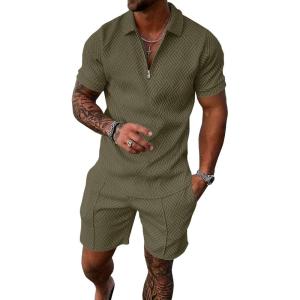 image:imageUOUA Mens Summer Track Suits 2 Piece Shorts Sets Short Sleeve Sweatsuit Outfits 14 Zip Golf Polo Shirts LoungewearArmy Green