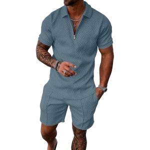 image:imageUOUA Mens Summer Track Suits 2 Piece Shorts Sets Short Sleeve Sweatsuit Outfits 14 Zip Golf Polo Shirts LoungewearDenim Blue