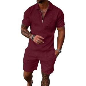 image:imageUOUA Mens Summer Track Suits 2 Piece Shorts Sets Short Sleeve Sweatsuit Outfits 14 Zip Golf Polo Shirts LoungewearWine