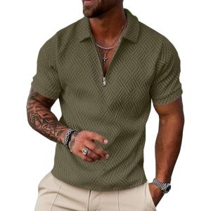 image:imageUOUA Mens Zipper Polo Shirts Short Sleeve Sweatshirts Soild Color Tops Striped Texture Casual Golf TArmy Green