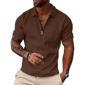 image:imageUOUA Mens Zipper Polo Shirts Short Sleeve Sweatshirts Soild Color Tops Striped Texture Casual Golf TBrown