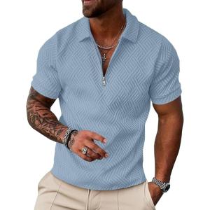 image:imageUOUA Mens Zipper Polo Shirts Short Sleeve Sweatshirts Soild Color Tops Striped Texture Casual Golf TLight Blue