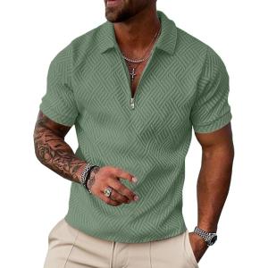 image:imageUOUA Mens Zipper Polo Shirts Short Sleeve Sweatshirts Soild Color Tops Striped Texture Casual Golf TLight Green