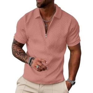 image:imageUOUA Mens Zipper Polo Shirts Short Sleeve Sweatshirts Soild Color Tops Striped Texture Casual Golf TPink