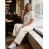 image:imageUOUA Womens Plus Size Sweatsuit 2 Piece Outfits Summer Short Sleeve Tops Wide Leg Pants Tracksuit Lounge SetsNew Beige