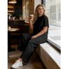 image:imageUOUA Womens Plus Size Sweatsuit 2 Piece Outfits Summer Short Sleeve Tops Wide Leg Pants Tracksuit Lounge SetsNew Black