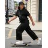 image:imageUOUA Womens Plus Size Sweatsuit 2 Piece Outfits Summer Short Sleeve Tops Wide Leg Pants Tracksuit Lounge SetsNew Black