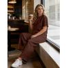 image:imageUOUA Womens Plus Size Sweatsuit 2 Piece Outfits Summer Short Sleeve Tops Wide Leg Pants Tracksuit Lounge SetsNew Brown