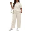 image:imageUOUA Womens Plus Size Sweatsuit 2 Piece Outfits Summer Short Sleeve Tops Wide Leg Pants Tracksuit Lounge SetsNew Beige