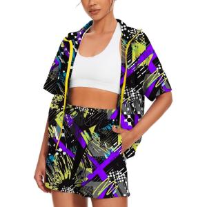 image:imageUOUA Womens 80s Color Block Outfits 2 Piece Tracksuit 90s Party Costume Summer Zip Up Windbreaker amp Short SetsGreyprint