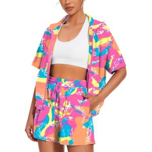 image:imageUOUA Womens 80s Color Block Outfits 2 Piece Tracksuit 90s Party Costume Summer Zip Up Windbreaker amp Short SetsPinkprint