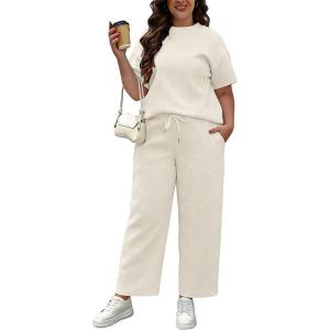 image:imageUOUA Womens Plus Size Sweatsuit 2 Piece Outfits Summer Short Sleeve Tops Wide Leg Pants Tracksuit Lounge SetsNew Beige