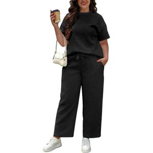image:imageUOUA Womens Plus Size Sweatsuit 2 Piece Outfits Summer Short Sleeve Tops Wide Leg Pants Tracksuit Lounge SetsNew Black