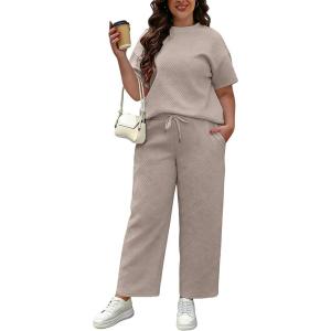 image:imageUOUA Womens Plus Size Sweatsuit 2 Piece Outfits Summer Short Sleeve Tops Wide Leg Pants Tracksuit Lounge SetsNew Khaki