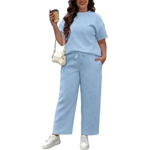 image:imageUOUA Womens Plus Size Sweatsuit 2 Piece Outfits Summer Short Sleeve Tops Wide Leg Pants Tracksuit Lounge SetsNew Lightblue