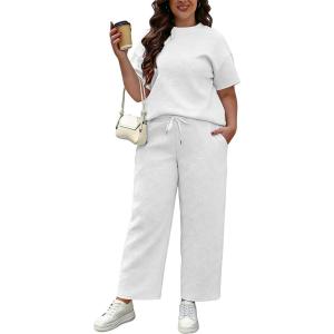 image:imageUOUA Womens Plus Size Sweatsuit 2 Piece Outfits Summer Short Sleeve Tops Wide Leg Pants Tracksuit Lounge SetsNew White