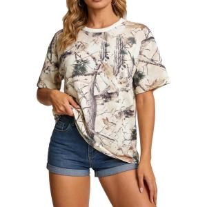 image:imageUOUA Women Oversized Graphic TShirt Casual Cotton Tees Printed Summer TopsApricot Leaves