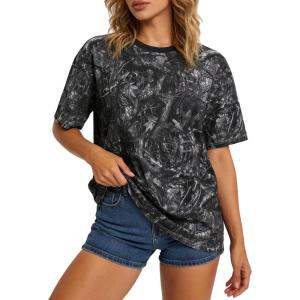 image:imageUOUA Women Oversized Graphic TShirt Casual Cotton Tees Printed Summer TopsBlack Leaves