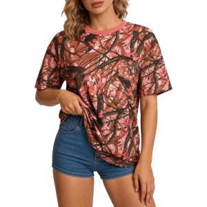 image:imageUOUA Women Oversized Graphic TShirt Casual Cotton Tees Printed Summer TopsPink Leaves