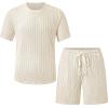 image:imageUOUA Mens Shorts Set Crewneck Short Sleeve TShirt amp Shorts Twisted Texture 2 Piece Summer Outfits Casual Matching SetsBeige