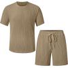 image:imageUOUA Mens Shorts Set Crewneck Short Sleeve TShirt amp Shorts Twisted Texture 2 Piece Summer Outfits Casual Matching SetsKhaki