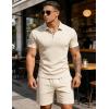 image:imageUOUA Mens Summer Outfits 2 Piece Textured Set for Beach Vocation Short Sleeve Golf Polo Shirt and ShortsBeige