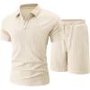 image:imageUOUA Mens Summer Outfits 2 Piece Textured Set for Beach Vocation Short Sleeve Golf Polo Shirt and ShortsBeige