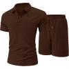 image:imageUOUA Mens Summer Outfits 2 Piece Textured Set for Beach Vocation Short Sleeve Golf Polo Shirt and ShortsBrown
