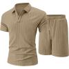 image:imageUOUA Mens Summer Outfits 2 Piece Textured Set for Beach Vocation Short Sleeve Golf Polo Shirt and ShortsKhaki