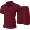 image:imageUOUA Mens Summer Outfits 2 Piece Textured Set for Beach Vocation Short Sleeve Golf Polo Shirt and ShortsWine