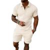 image:imageUOUA Mens Summer Outfits 2 Piece Textured Set for Beach Vocation Short Sleeve Golf Polo Shirt and ShortsBeige