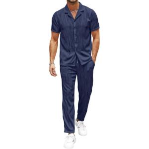 image:imageUOUA Mens 2 Piece Outfits Summer Casual Short Sleeve Button Down Shirt amp Long Pants Sets Beach Vacation Suits TracksuitsClassicnavyblue