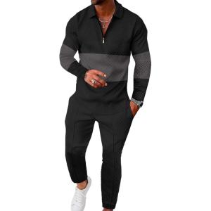 image:imageUOUA Mens 2 Piece Set Casual Outfits 14 Zip Polo Long Sleeve Shirt amp Pants Track Suit Loungewear Athletic SweatsuitBlack