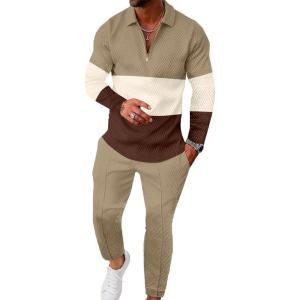 image:imageUOUA Mens 2 Piece Set Casual Outfits 14 Zip Polo Long Sleeve Shirt amp Pants Track Suit Loungewear Athletic SweatsuitKhaki