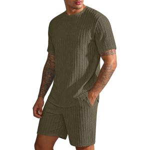 image:imageUOUA Mens Shorts Set Crewneck Short Sleeve TShirt amp Shorts Twisted Texture 2 Piece Summer Outfits Casual Matching SetsArmy Green