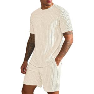 image:imageUOUA Mens Shorts Set Crewneck Short Sleeve TShirt amp Shorts Twisted Texture 2 Piece Summer Outfits Casual Matching SetsBeige