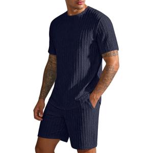 image:imageUOUA Mens Shorts Set Crewneck Short Sleeve TShirt amp Shorts Twisted Texture 2 Piece Summer Outfits Casual Matching SetsNavy Blue