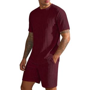 image:imageUOUA Mens Shorts Set Crewneck Short Sleeve TShirt amp Shorts Twisted Texture 2 Piece Summer Outfits Casual Matching SetsWine Red