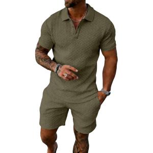 image:imageUOUA Mens Summer Outfits 2 Piece Textured Set for Beach Vocation Short Sleeve Golf Polo Shirt and ShortsArmygreen