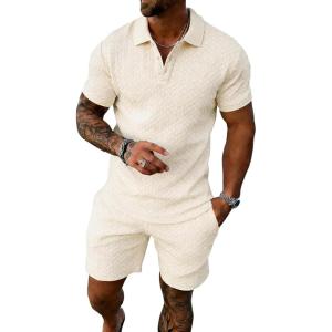 image:imageUOUA Mens Summer Outfits 2 Piece Textured Set for Beach Vocation Short Sleeve Golf Polo Shirt and ShortsBeige
