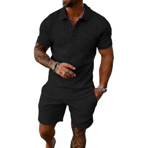image:imageUOUA Mens Summer Outfits 2 Piece Textured Set for Beach Vocation Short Sleeve Golf Polo Shirt and ShortsBlack