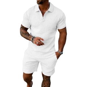 image:imageUOUA Mens Summer Outfits 2 Piece Textured Set for Beach Vocation Short Sleeve Golf Polo Shirt and ShortsWhite