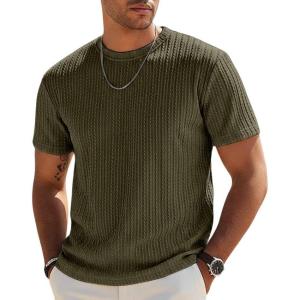 image:imageUOUA Mens TShirts Short Sleeve Sweatshirt Casual Crewneck Textured Knit Pullover Tee TopsArmy Green