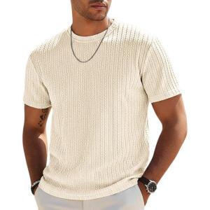 image:imageUOUA Mens TShirts Short Sleeve Sweatshirt Casual Crewneck Textured Knit Pullover Tee TopsBeige